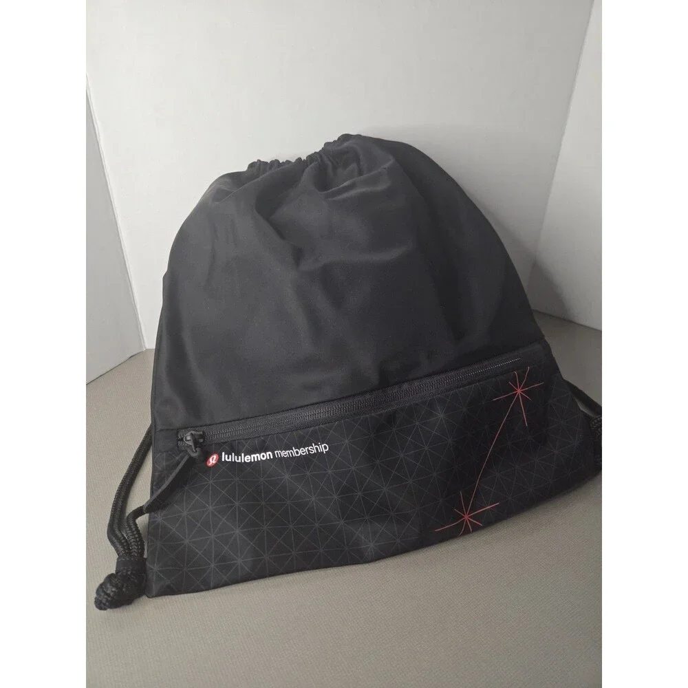 Lululemon Membership Black Nylon Drawstring Bag Zip Pocket String Backpack NWOT
